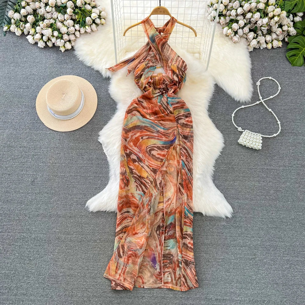 print halter maxi dress KLD Satin Border Print Halter Maxi Dress A/S / M