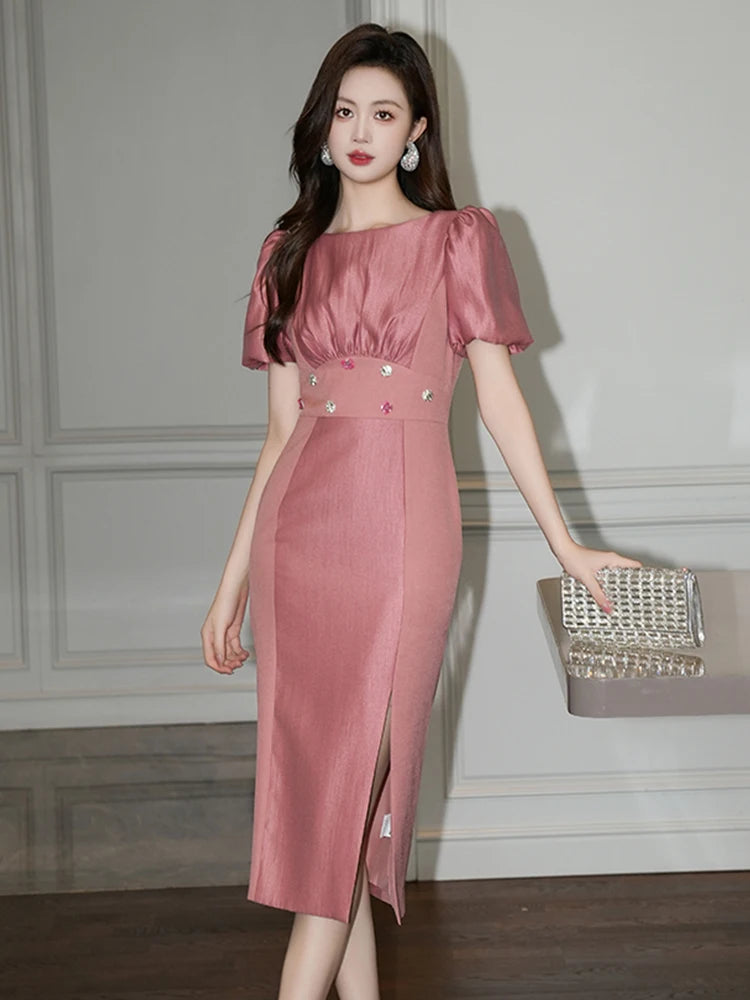 Puff Sleeve Pearl-Embellished Pink Midi Dress