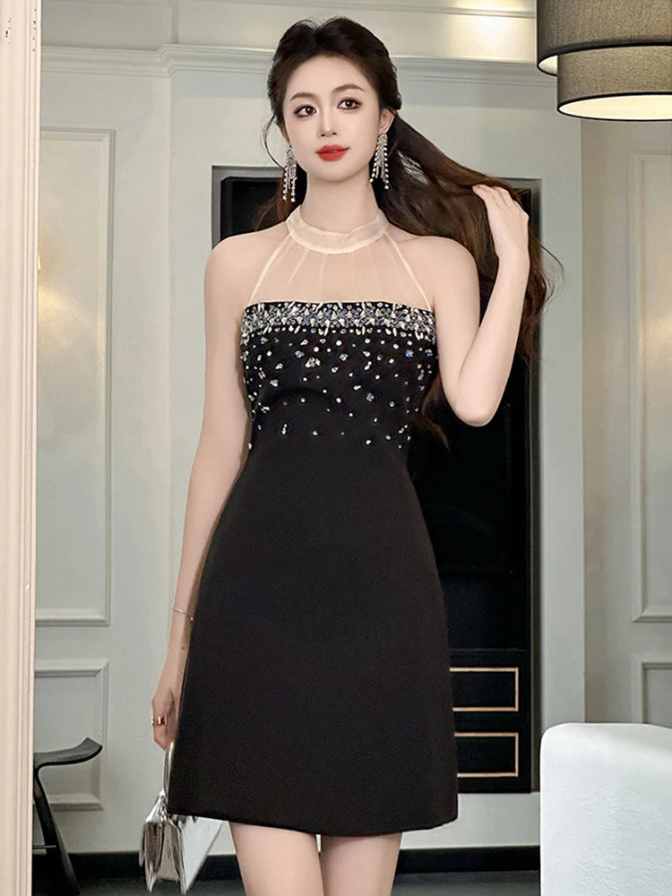 black dress with pearl embellishment Mikado Dress with Pearl Embellished Neckline
