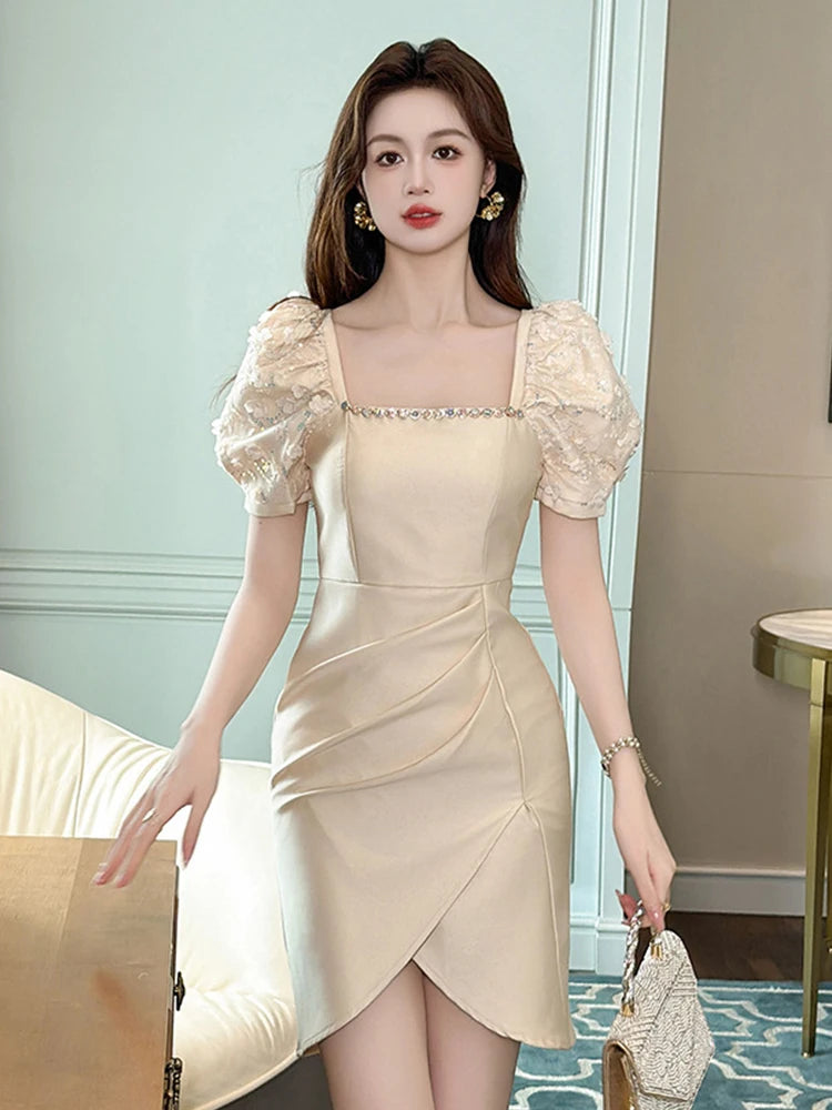 Elegant Luxury Summer Asymmetrical Evening Dress Women Clothes Sweet Lace  Puff Sleeve Slim Short on Luulla