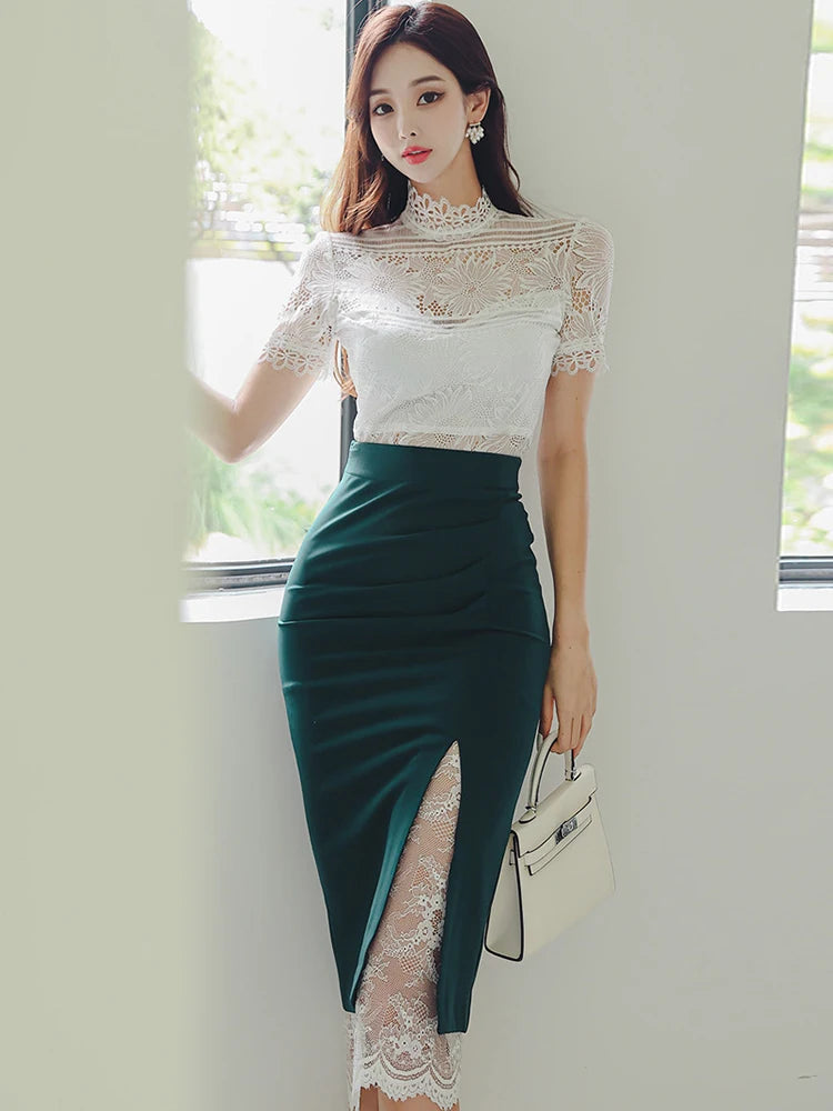 Lace Overlay Dress With High Slit Skirt