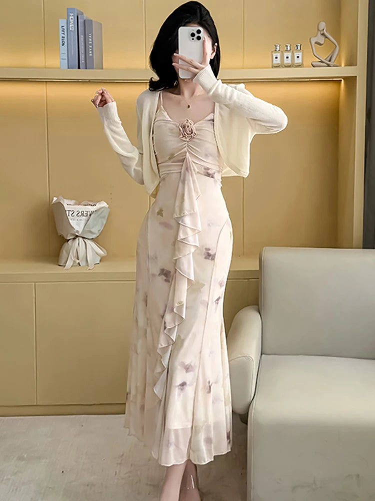 Ruffled Floral Dress With Cozy Long Cardigan