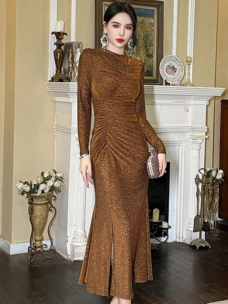 Sparkling Brown Ruched Long Sleeve Party Dress