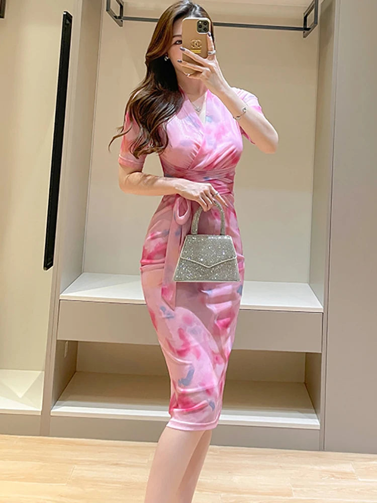 Pink Tie-dye Wrap Dress With Glitter Bag