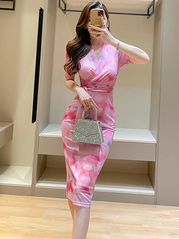 Pink Tie-dye Wrap Dress With Glitter Bag