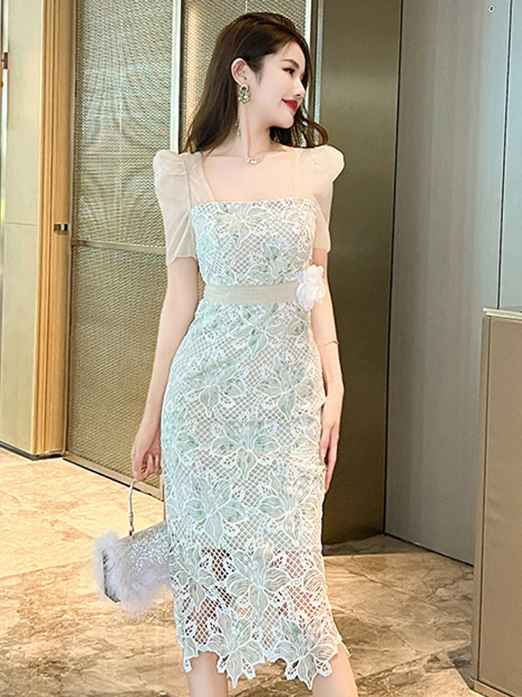 Floral Lace Dress With Sheer Puff Sleeves