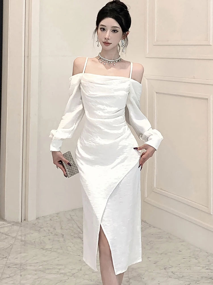 Off-shoulder White Dress With Asymmetrical Hem