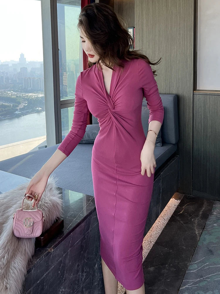 Stunning Pink Ruched Long Sleeve Cocktail Dress