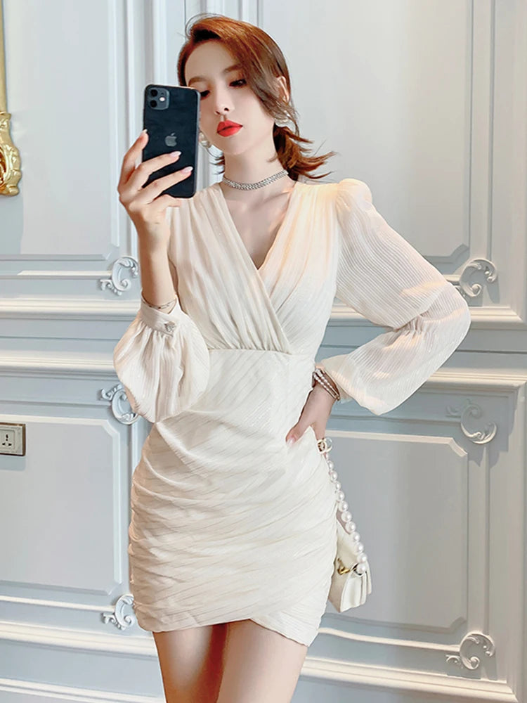 White Long Sleeve Plunge Neck Mini Dress