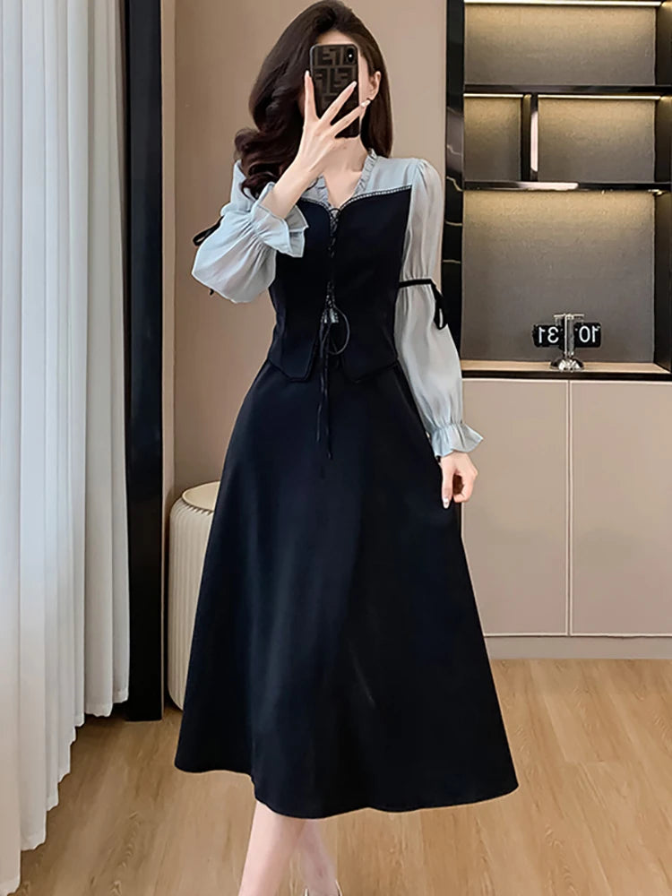Chic Black Corset Dress With Sheer Sleeves
