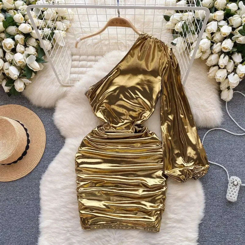 One Shoulder Gold Ruched Metallic Party Dress
