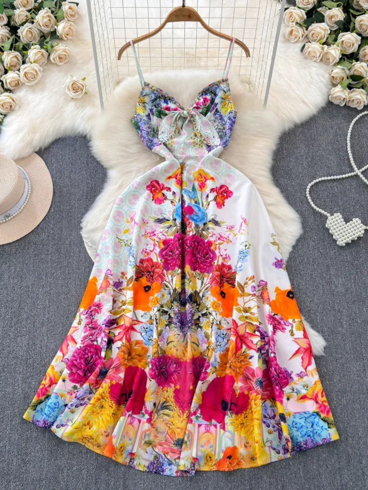 Vibrant Floral Maxi Dress, Adjustable Spaghetti Straps