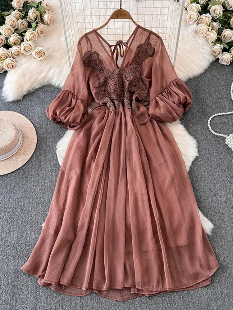 Bohemian Coffee Chiffon Dress With Lace Stitching