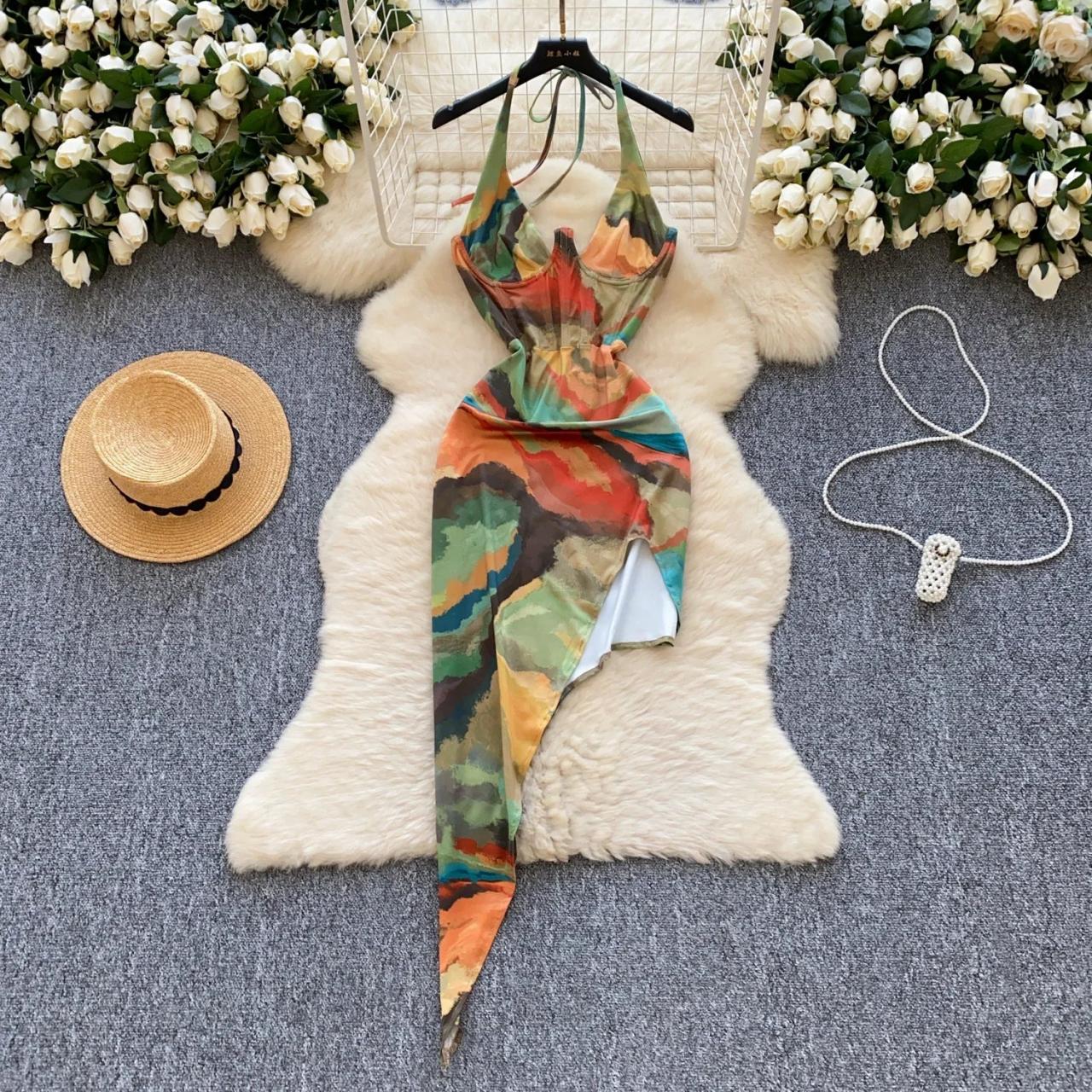 Multicolor Abstract Halter Neck Asymmetrical Midi Dress
