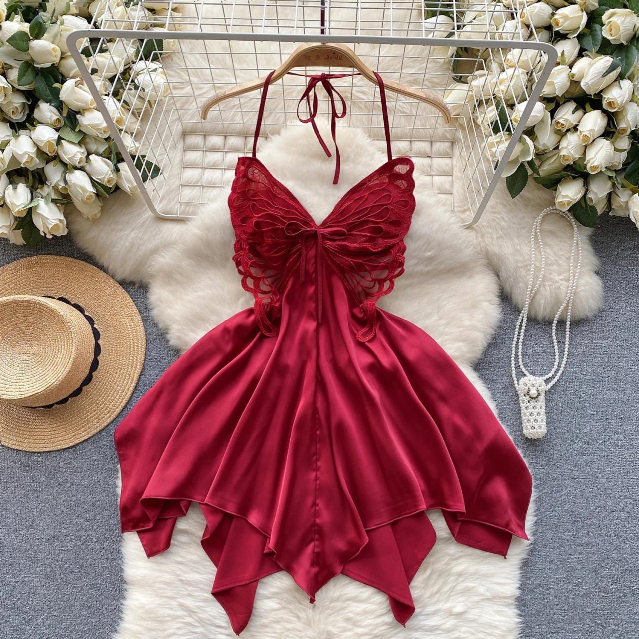 Luxurious Red Lace Halter Satin Nightgown Dress on Luulla