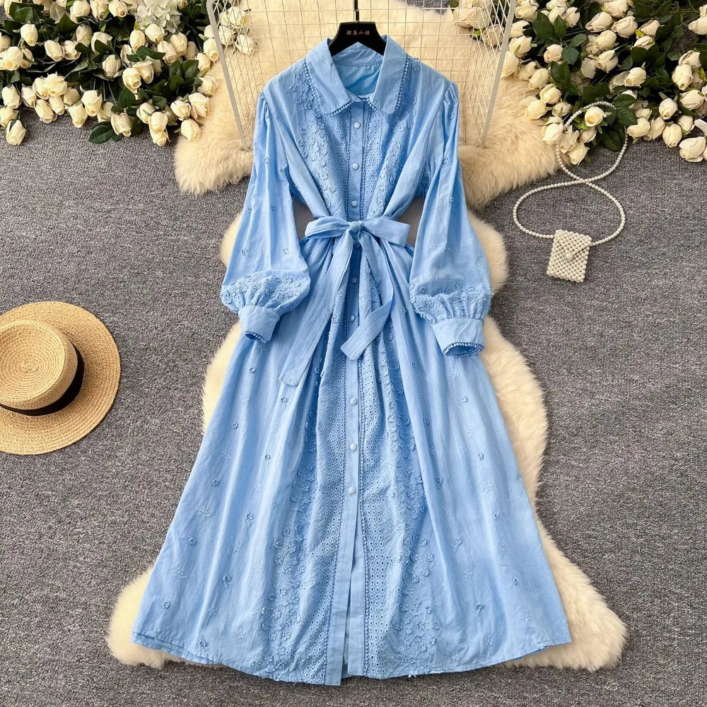 Light Blue Long Sleeve Button-up Lace Dress