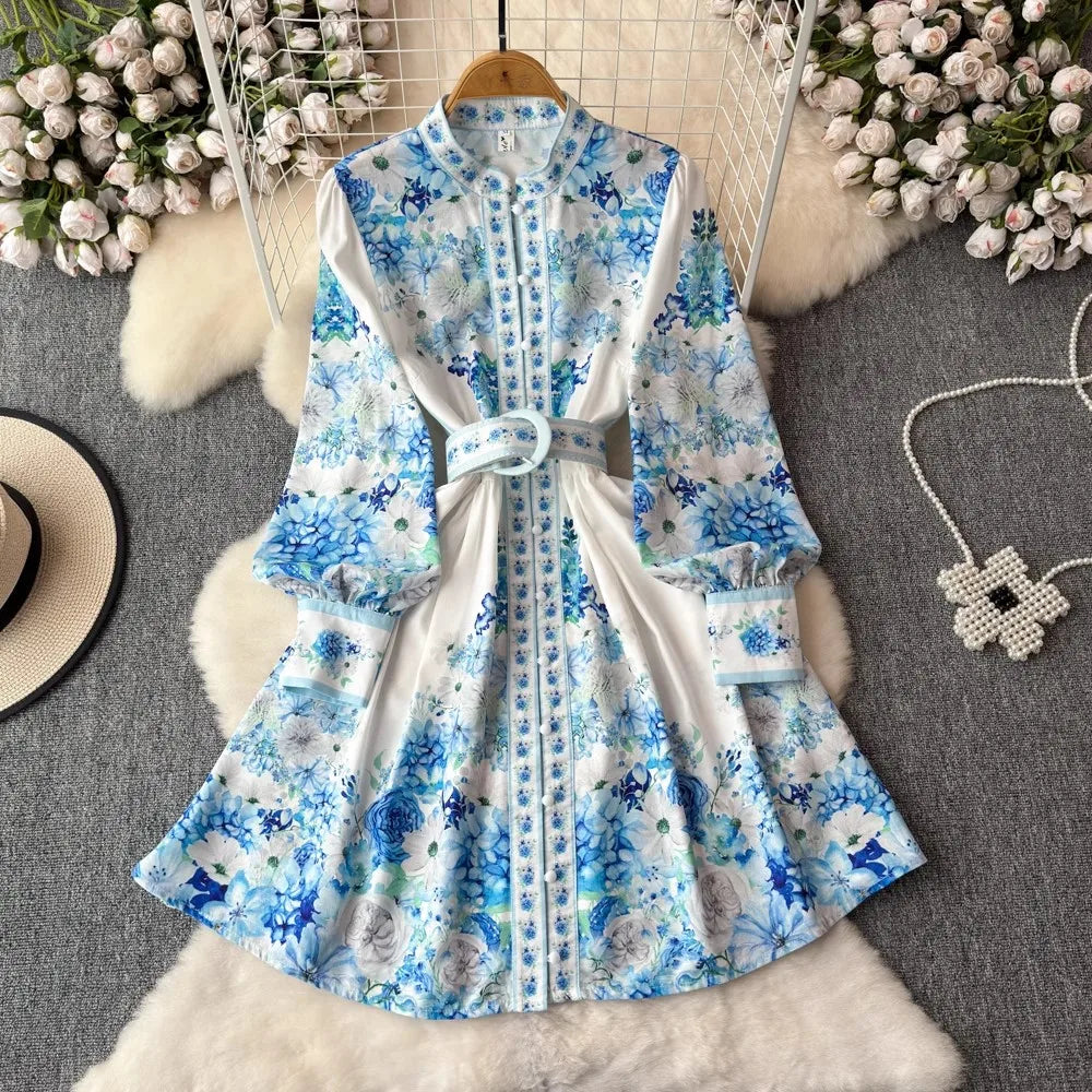 Floral Belted Long-sleeve Blue Mini Dress