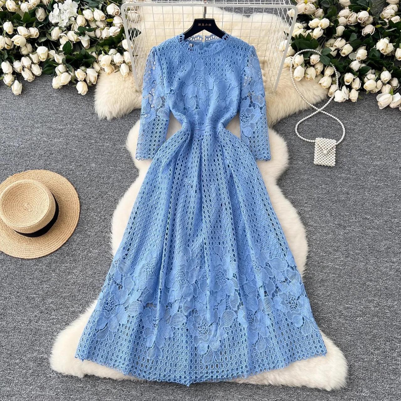 Blue Long Lace Floral Maxi Dress Classic