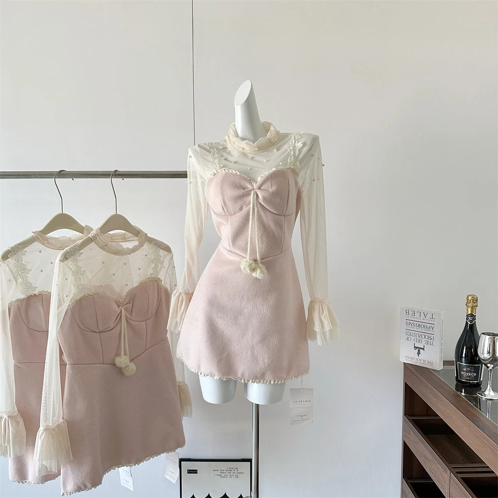 Pink Lace Trim Two-piece Mini Dress Outfit