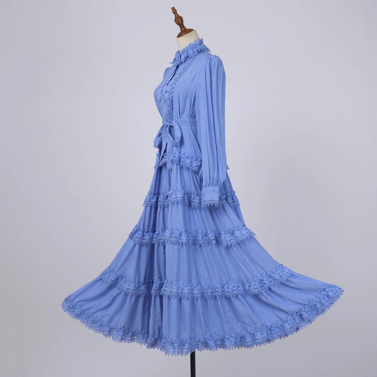 blue lace tiered dress Gorgeous A Line V Neck Light Blue Lace Tiered Prom Dress with Slit AB2   Anniebride