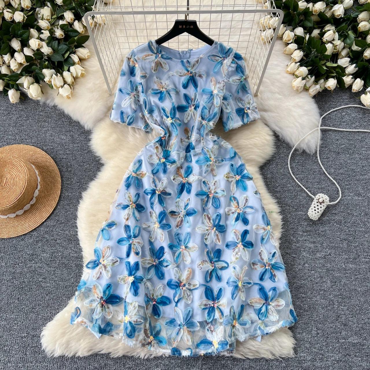 Floral Embroidered Light Blue Short Sleeve Dress on Luulla