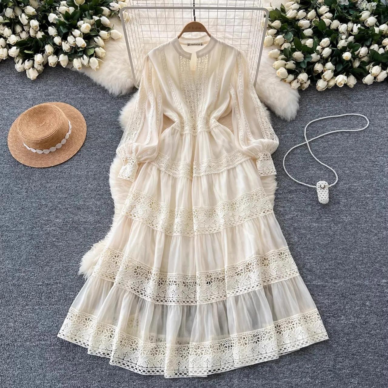 Lace Maxi Dress With Sheer Long Sleeves