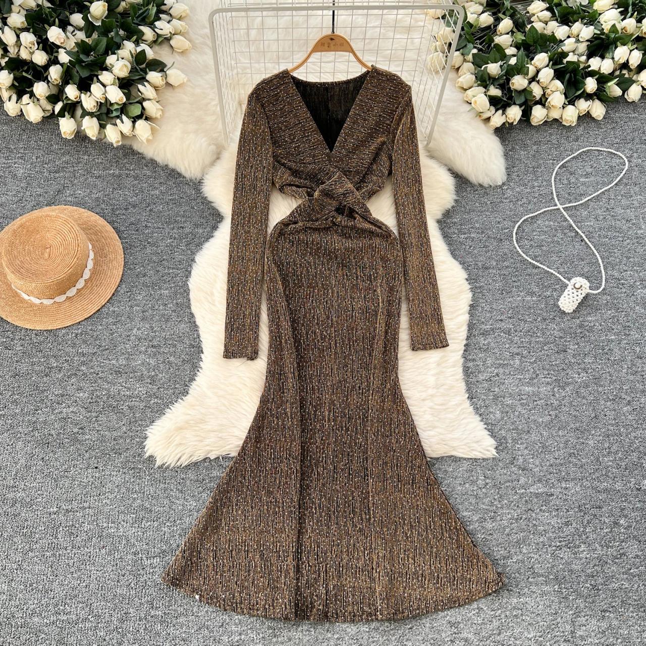 Long-sleeve Metallic Wrap Dress With Deep V-neck