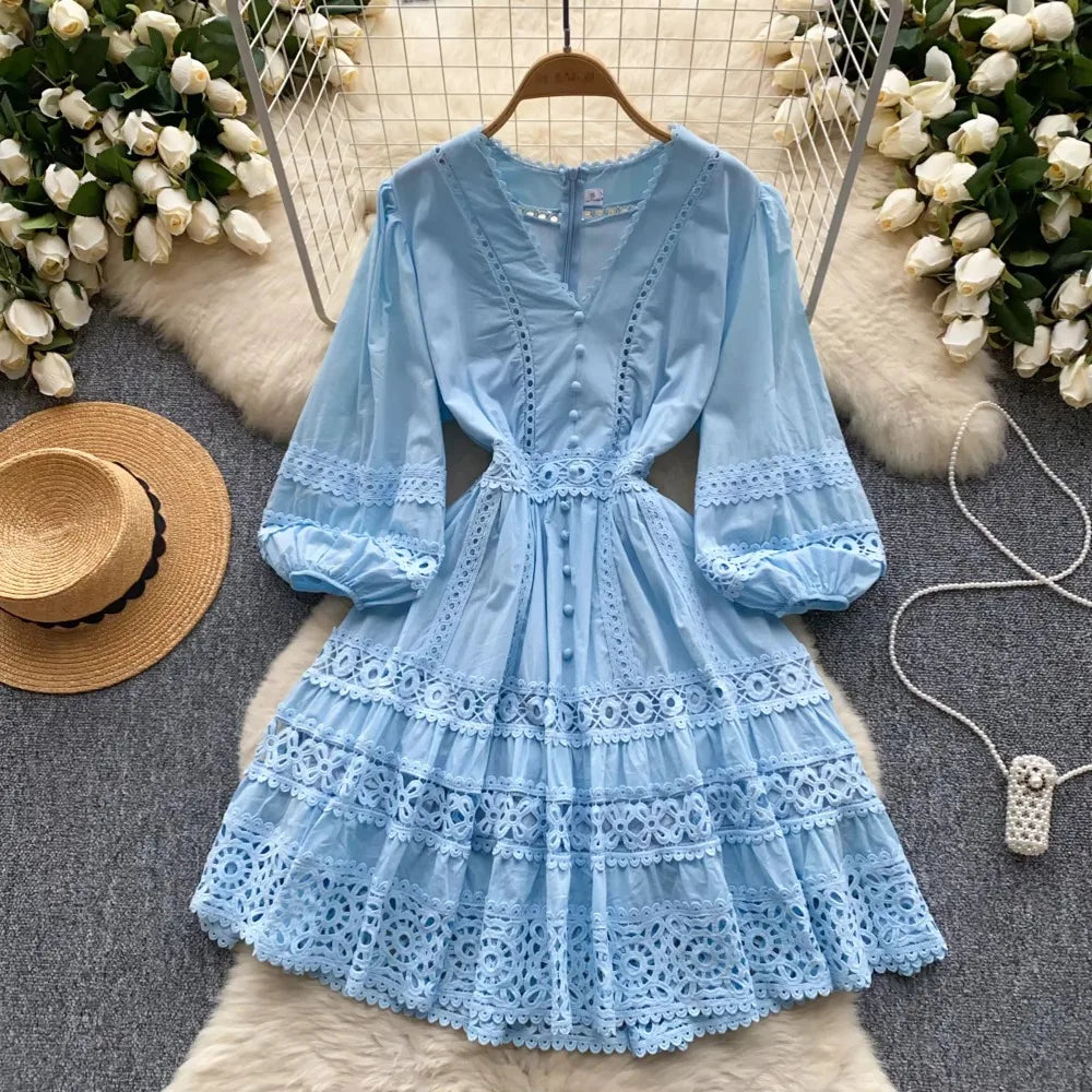 Blue Lace Ruffle Dress with Flared Sleeves
