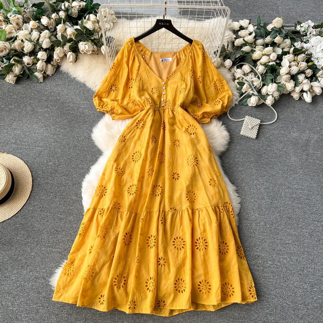 Floral Yellow Midi Dress with Puff Sleeves