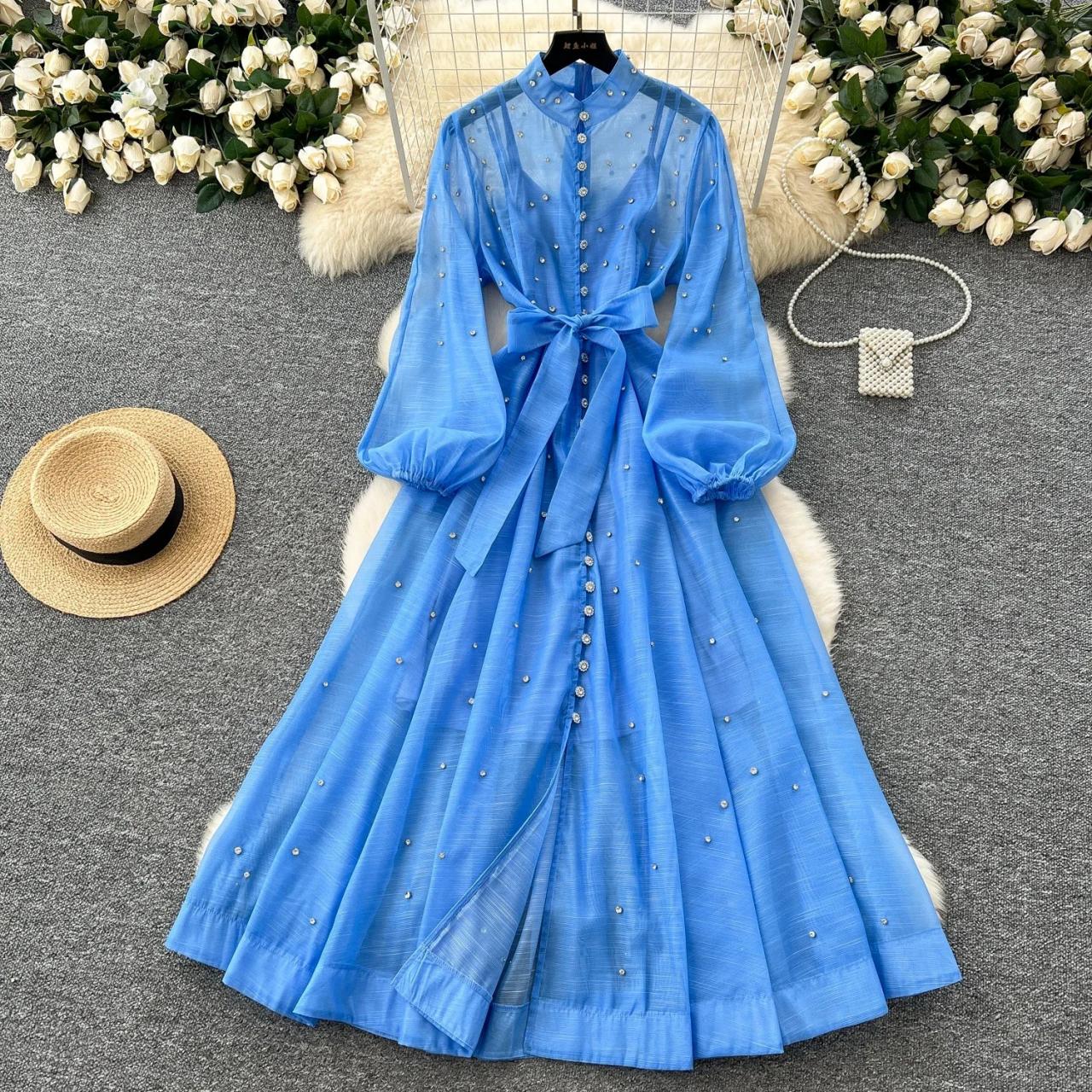 Chic Blue Chiffon Dress With Pearl Detailing on Luulla