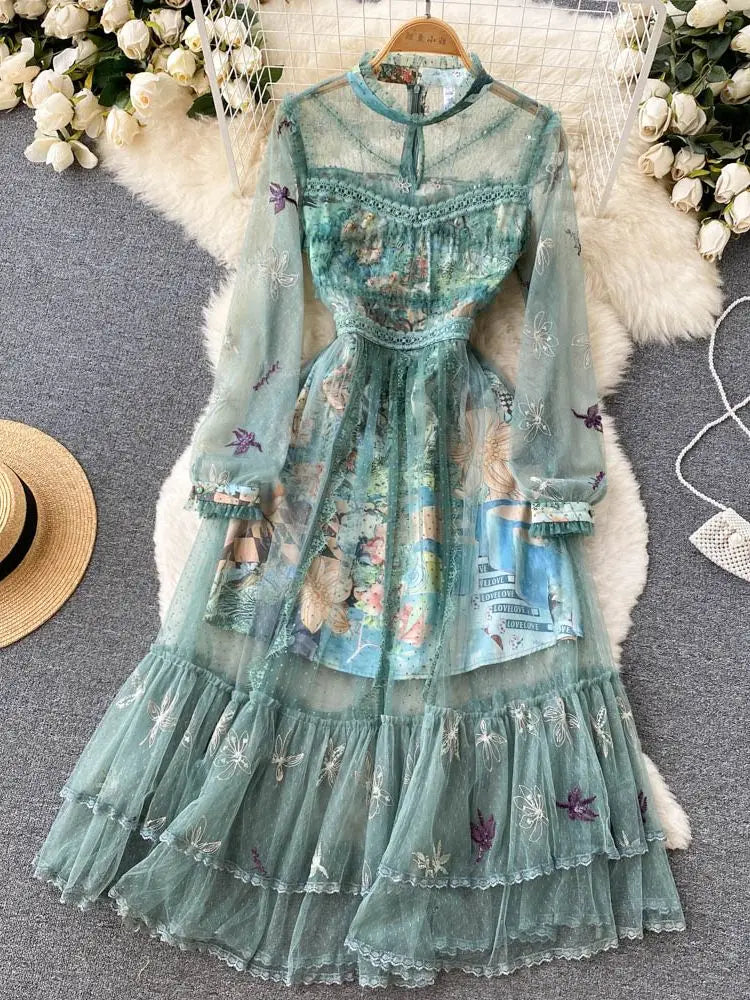 Vintage Floral Embroidered Sheer Lace Maxi Dress