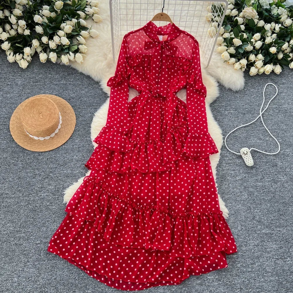 Vibrant Red Polka Dot Layered Ruffle Dress on Luulla