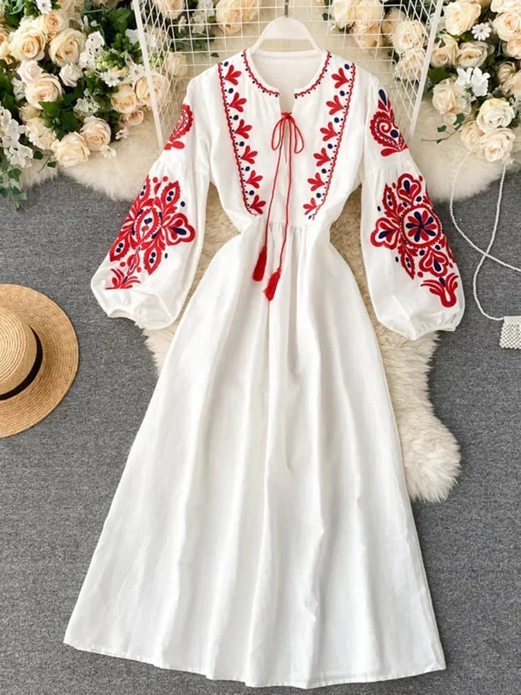 Bohemian White Dress With Red Embroidered Sleeves