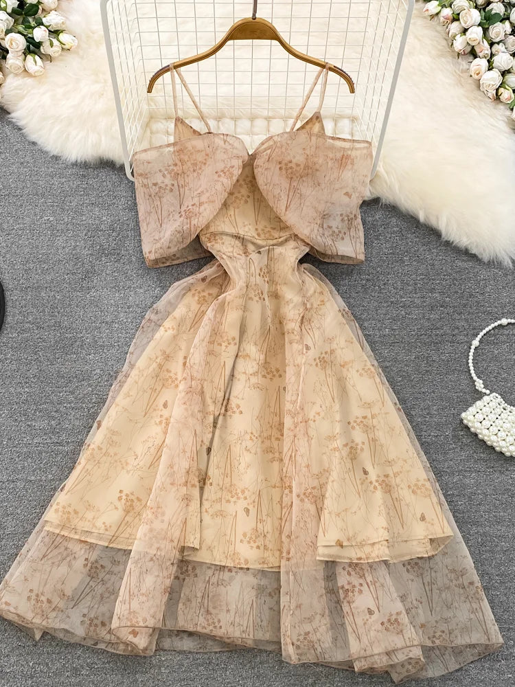 Floral Embroidered Strapless Dress With Tulle Overlay