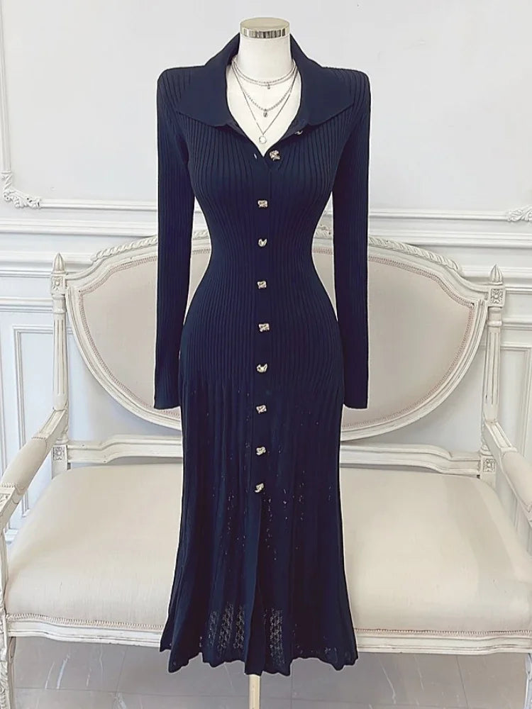 Black Ribbed Knitted Long Sleeve Button Dress