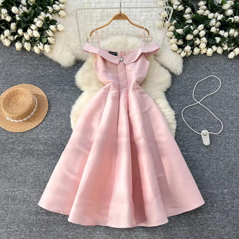 Pink Off-shoulder Flare Dress With Belt on Luulla