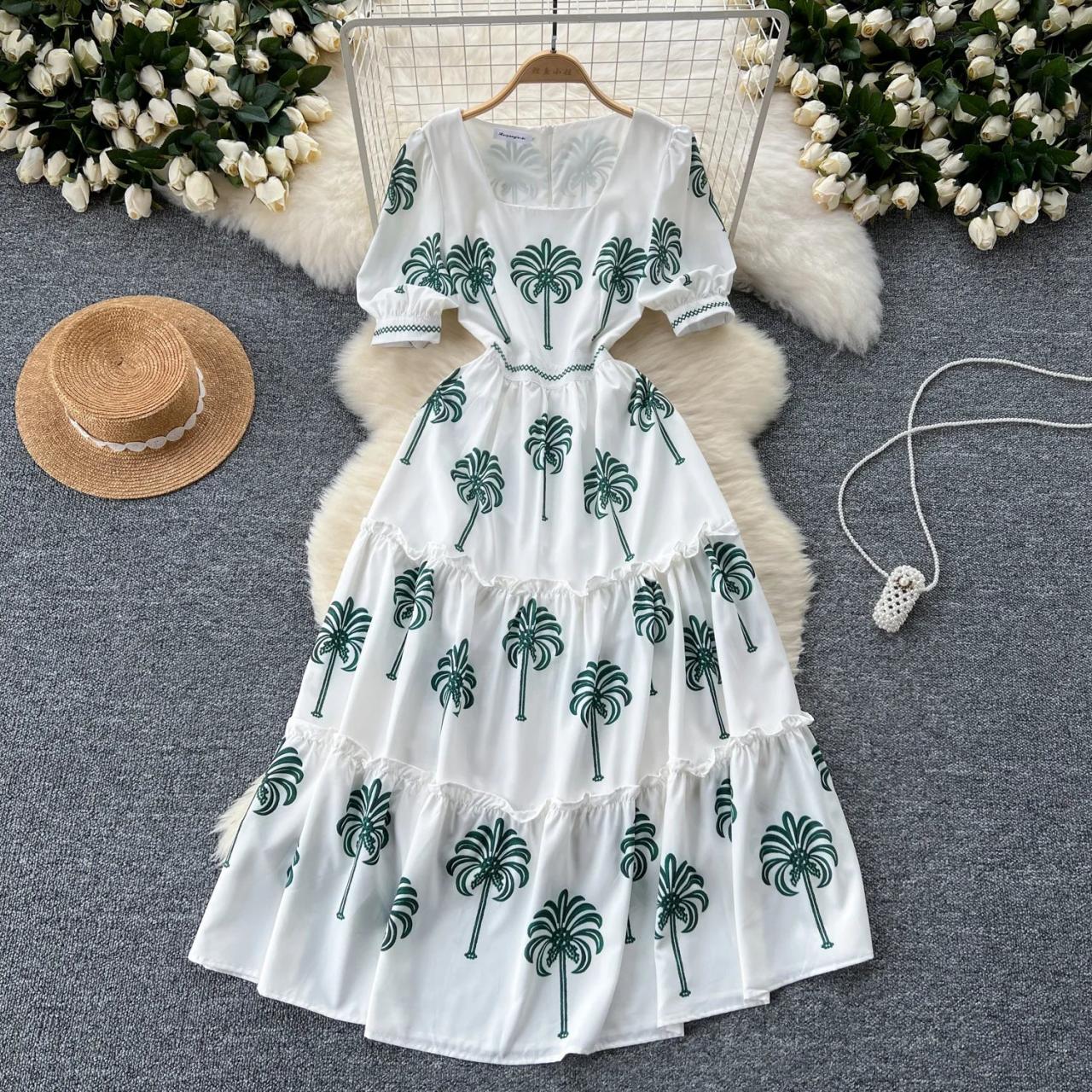 Tropical White Maxi Dress With Palm Print