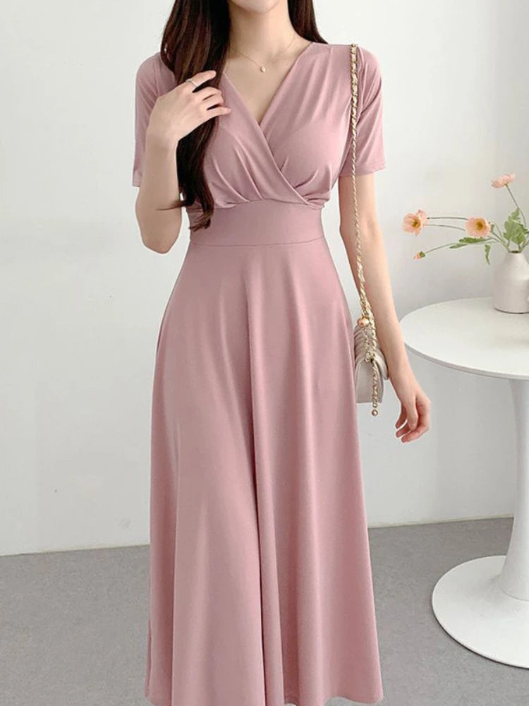 V-Neck Mauve Midi Dress with Short Sleeves