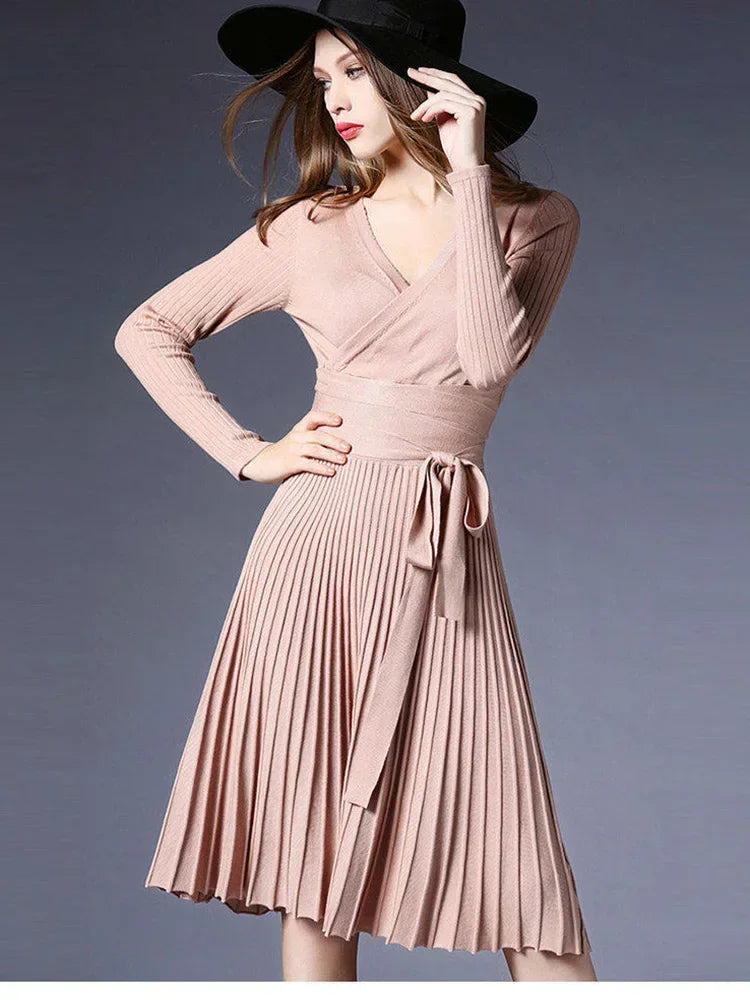 Long-Sleeve Belted Pleated V-Neck Midi Dress