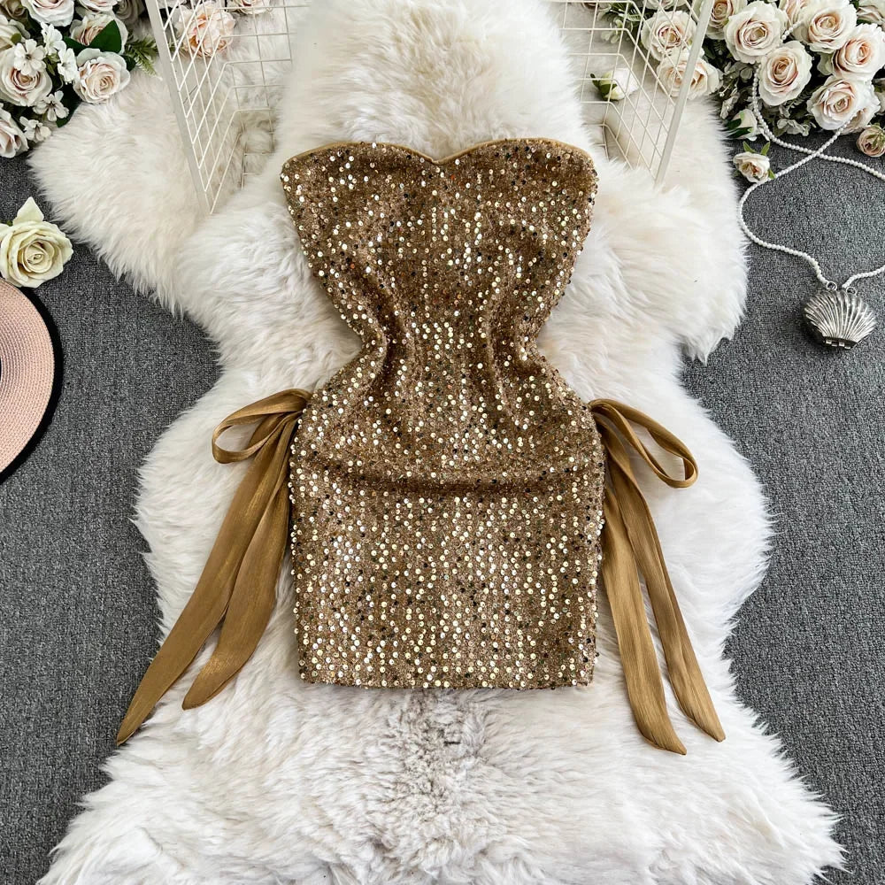 Sequin Strapless Tie-waist Bodycon Mini Dress