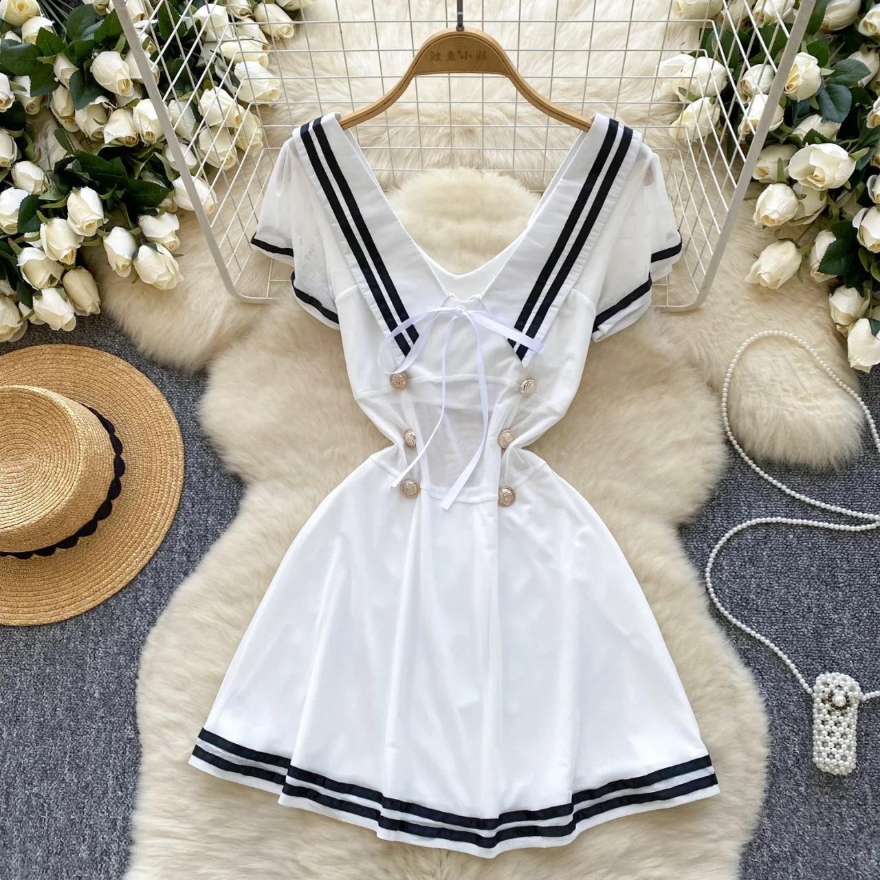 Nautical-Inspired Short Sleeve Dress with Buttons