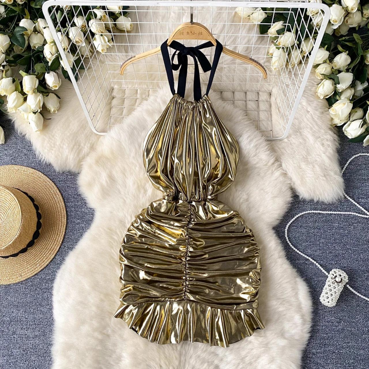 Metallic Halter Ruched Mini Dress With Ruffles