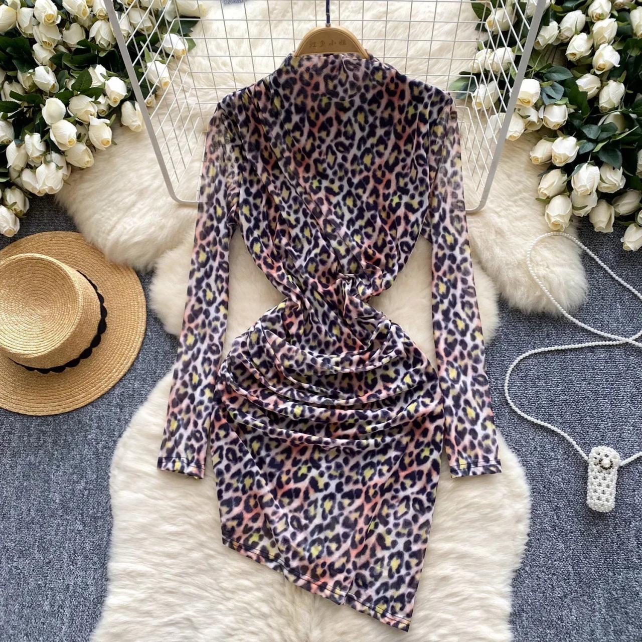leopard print bodycon dress long sleeve Holly Leopard Leopard Long Sleeve Bodycon Dress Multi Leopard Print Mesh  Overlay Long Sleeve Bodycon Midi Dress