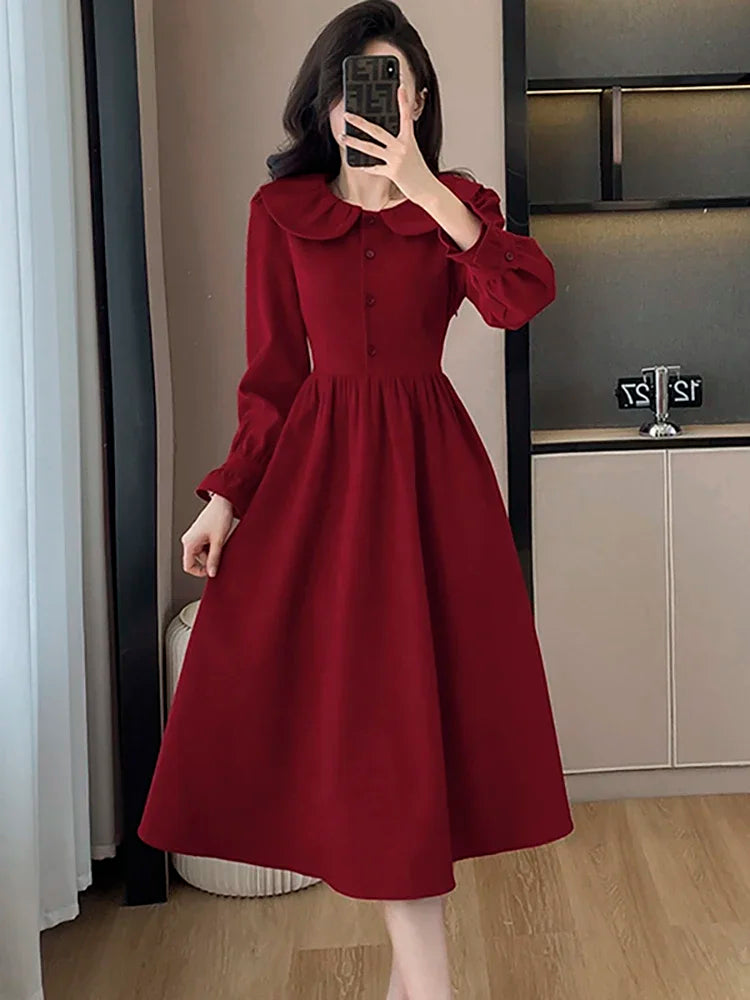 Vintage Red Long-sleeve Dress With Buttons