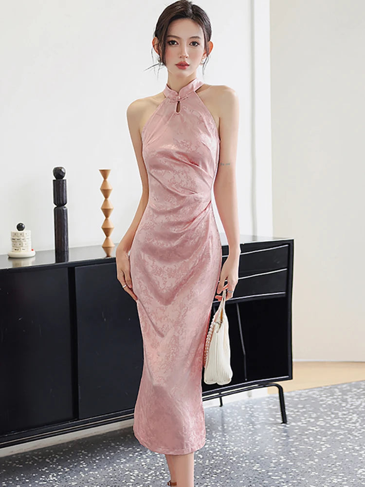 Satin Halter Midi Dress With Keyhole Detail