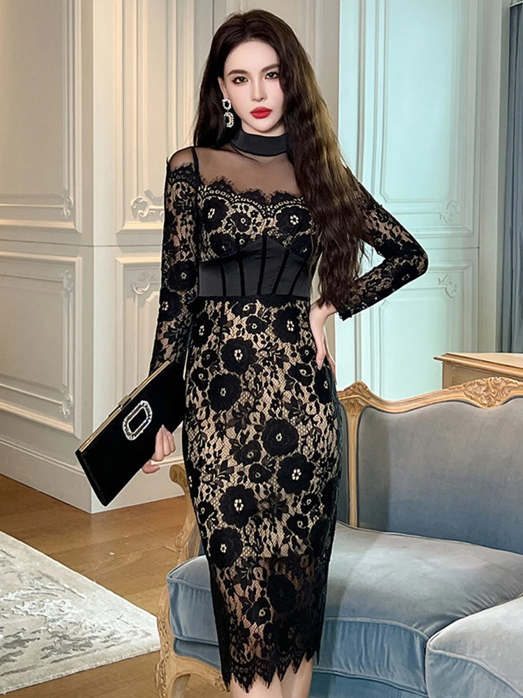 Black Floral Lace Long Sleeve Cocktail Dress