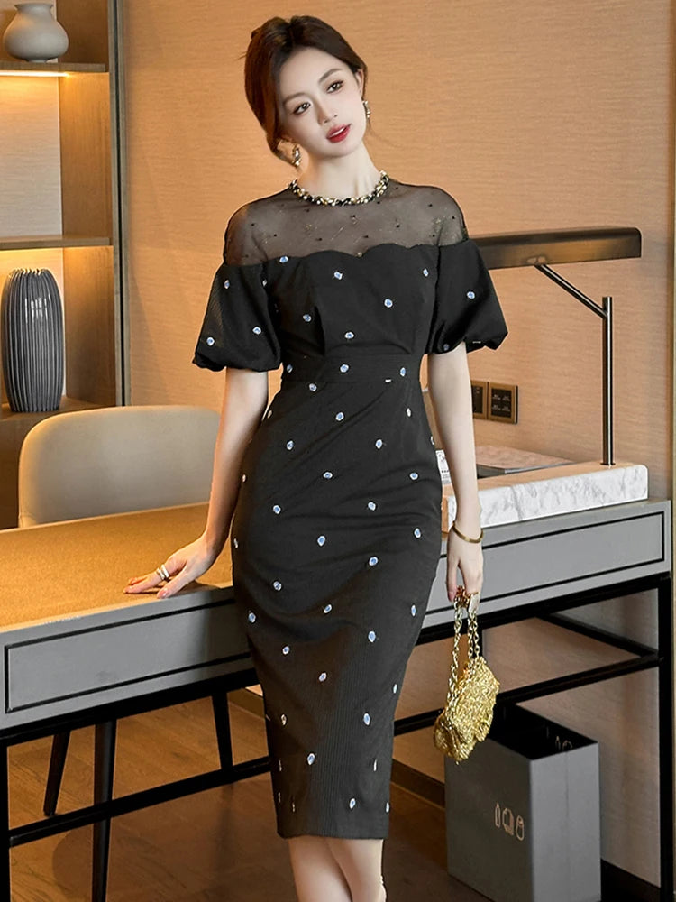 Black Sheer Puff Sleeve Polka Dot Dress