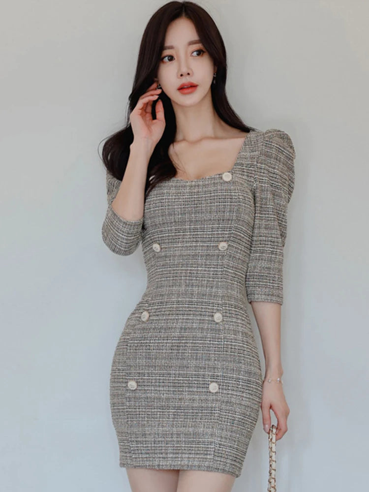 knee length dresses for ladies Preppy Black and Yellow Gingham Plaid Bodycon Dress S main image 1