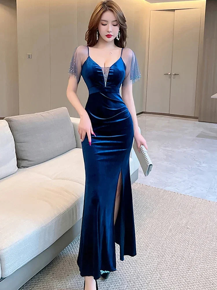 Navy Velvet Gown With Sheer Sleeves Slit on Luulla
