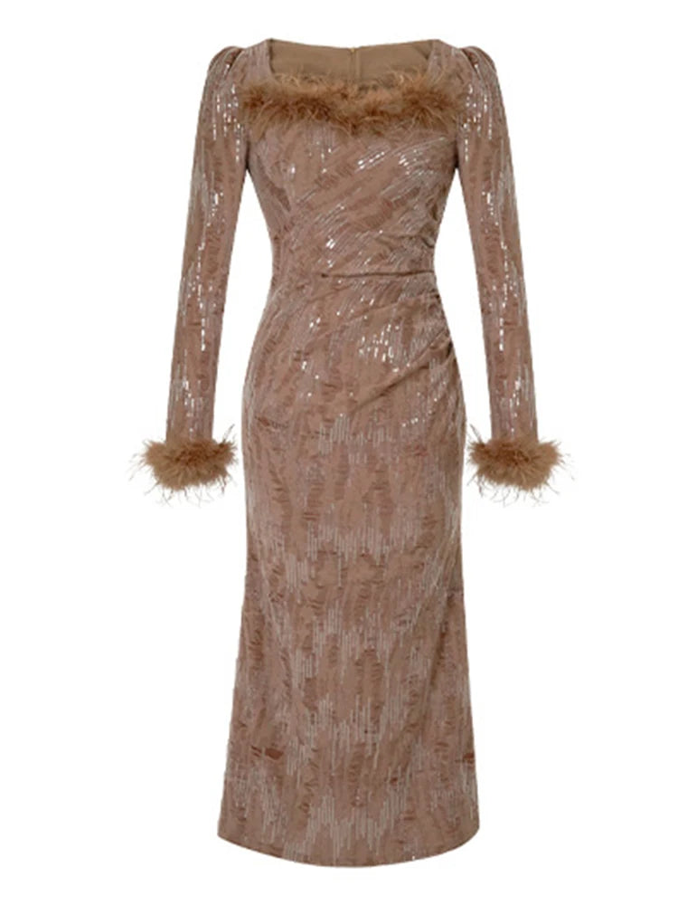 fuzzy brown dress Camel Fuzzy Knit Puff Sleeve Sweater Dress – PinkBlush main image 0